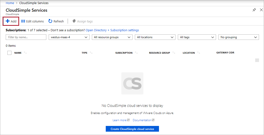 Aggiungere il servizio CloudSimple
