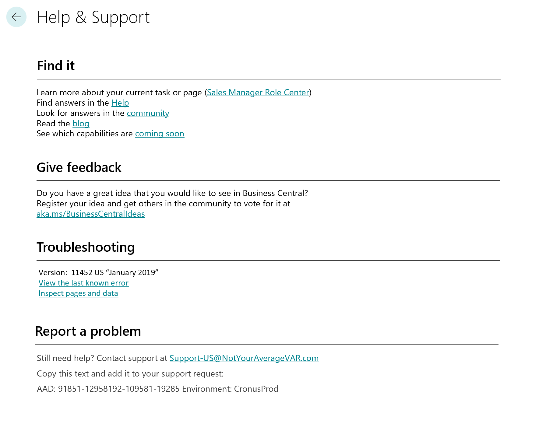 Concetto di progettazione per la nuova schermata di aiuto e supporto in-app che mostra una serie di collegamenti per utilizzare self-help, fornire commenti, risolvere i problemi o contattare il supporto