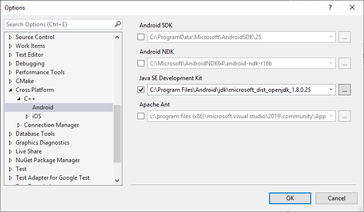 Screenshot delle opzioni del percorso dello strumento Android nella finestra di dialogo Opzioni.