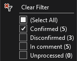 Screenshot delle opzioni di filtro. Include confermati, non confermati, in commento e non elaborati. Ogni mostra il numero di risultati applicabili a tale categoria.