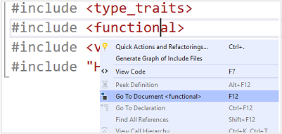 Screenshot dell'opzione di menu C plus Go To Document nel contesto di alcune istruzioni di inclusione.
