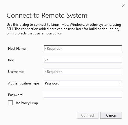 Screenshot della finestra Di sistema remoto di Visual Studio Connessione.