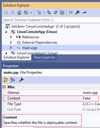 Screenshot che mostra le proprietà del file main.cpp con il contenuto della proprietà = False evidenziato.