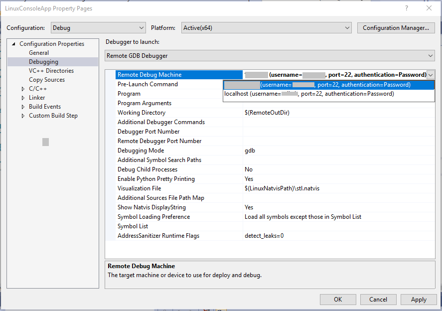 Screenshot che mostra la proprietà del computer di debug remoto Linux nella finestra di dialogo Pagine proprietà che mostra il nome utente, il tipo di autenticazione e la porta.