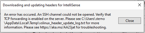 Screenshot di un messaggio di errore di Visual Studio che indica che non è stato possibile aprire il canale SSH. Viene fornito il percorso di un file di log.