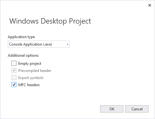 Screenshot of the Windows Desktop Project wizard in Visual Studios 2022.