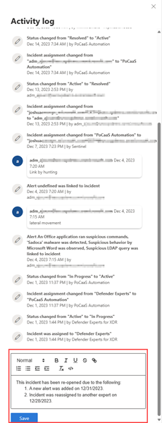 Evidenziazione della casella dei commenti dalla pagina degli eventi imprevisti nel portale di Microsoft Defender