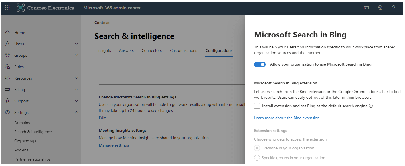Scheda Configurazioni per Microsoft Search nel interfaccia di amministrazione di Microsoft 365.