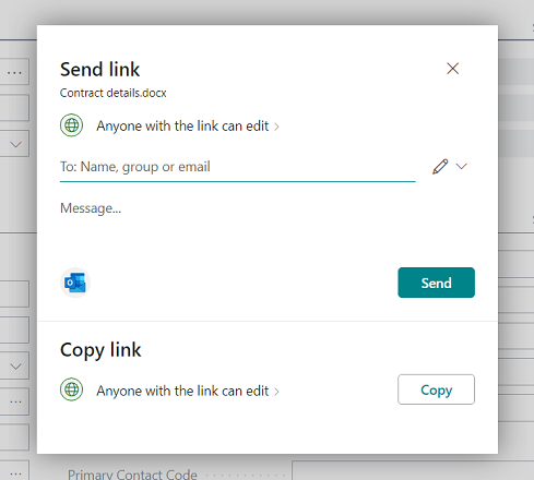La finestra di dialogo di condivisione che mostra la nuova opzione di Outlook