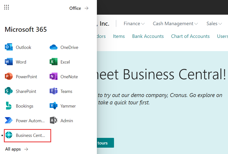 Avvio delle applicazioni di Microsoft 365 che mostra il riquadro Business Central.