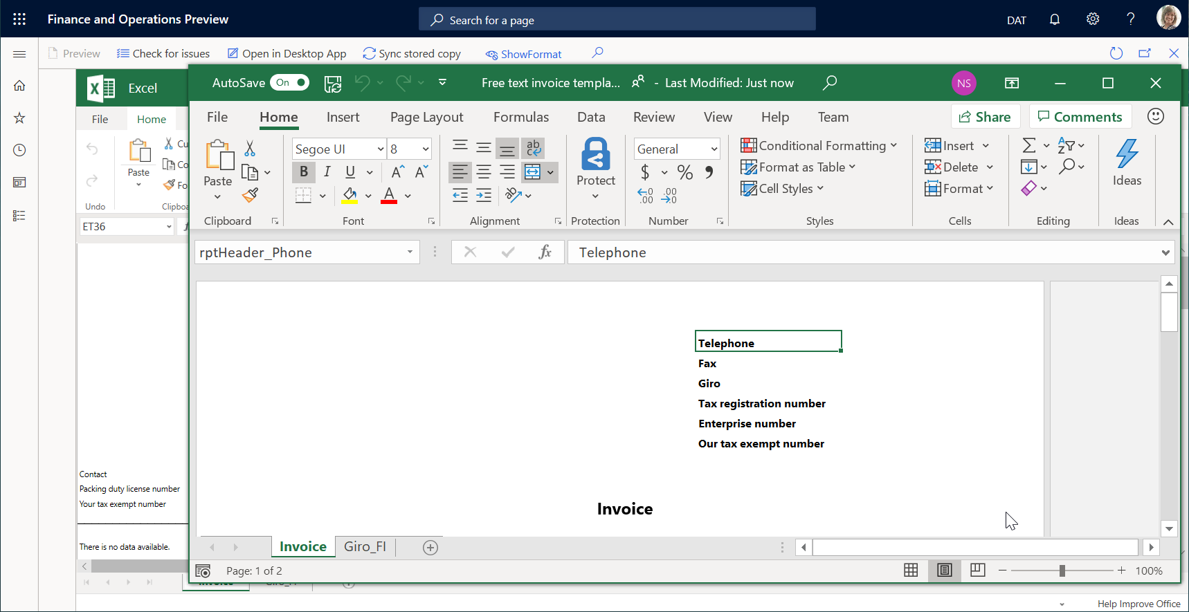 Modello aperto nell'applicazione Excel desktop.