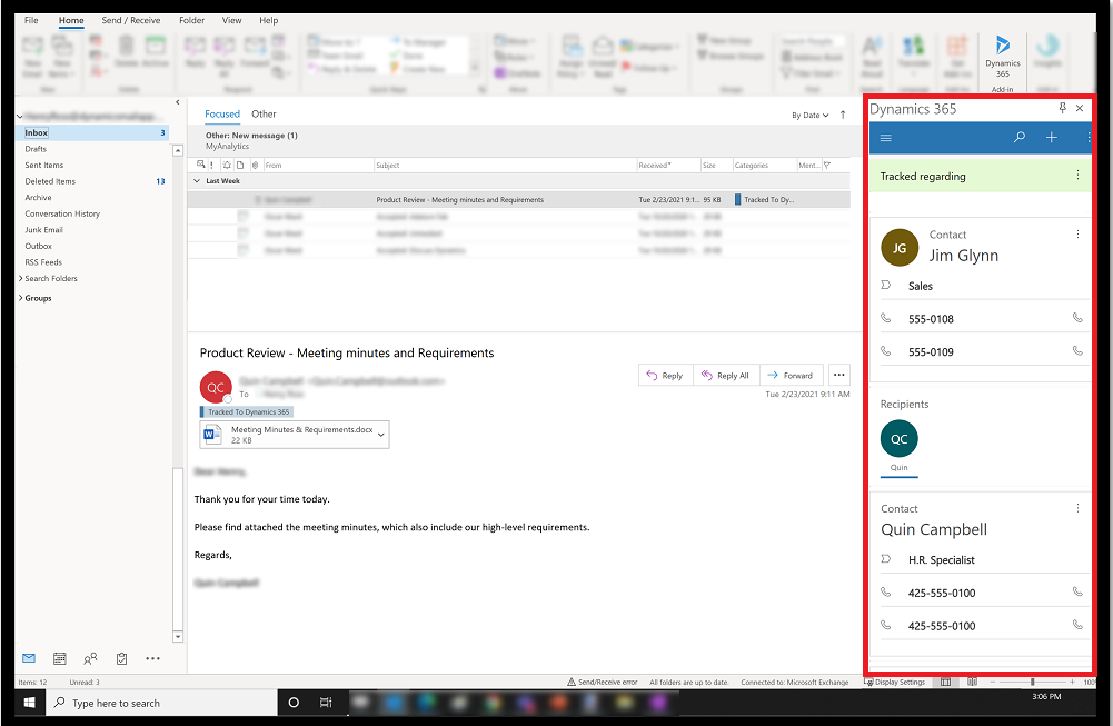 Pannello Dynamics 365 App for Outlook.