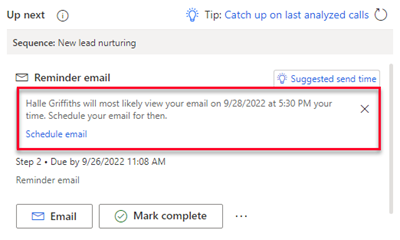 Screenshot del suggerimento della pianificazione e-mail.