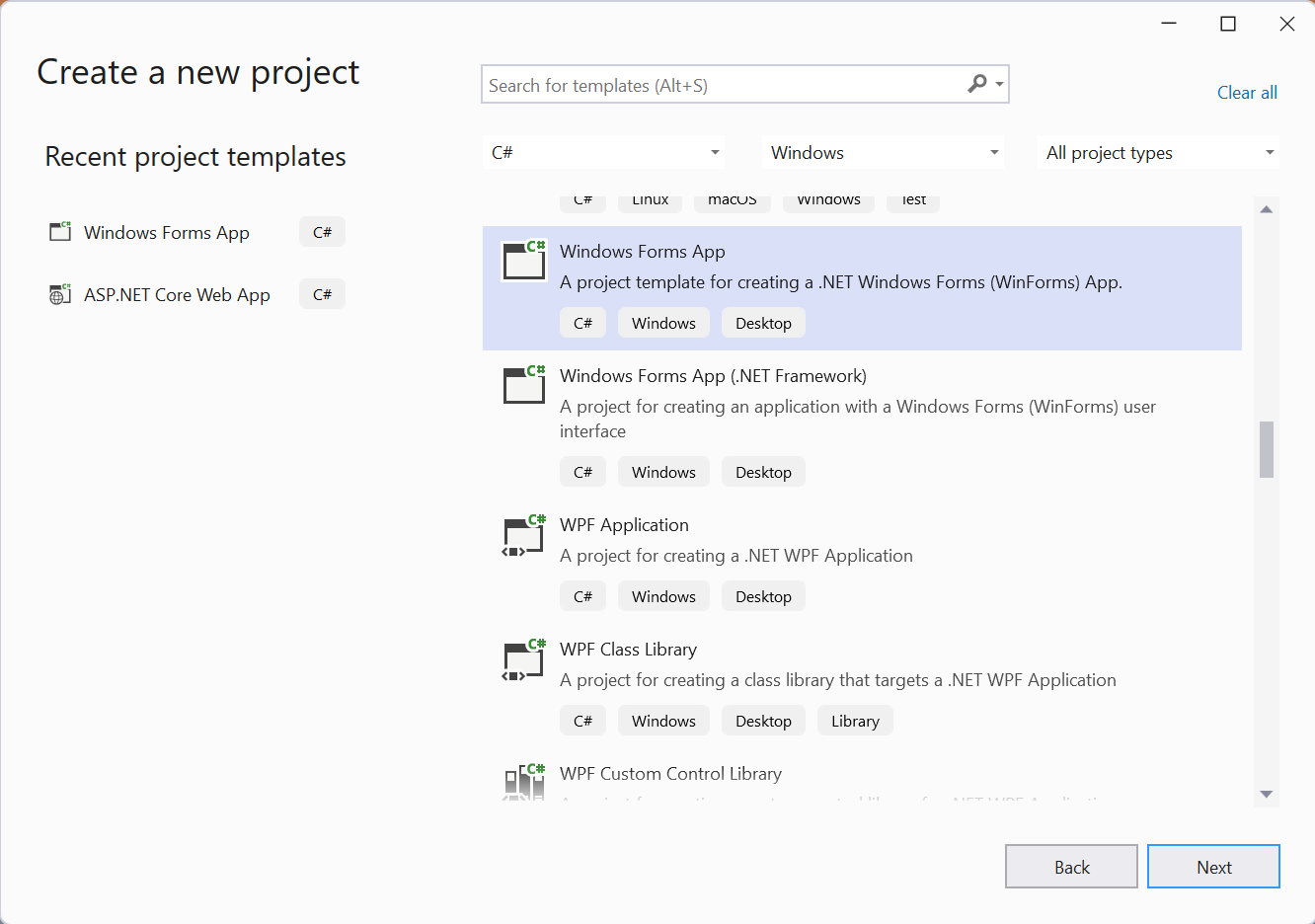 Create a new Windows Forms project