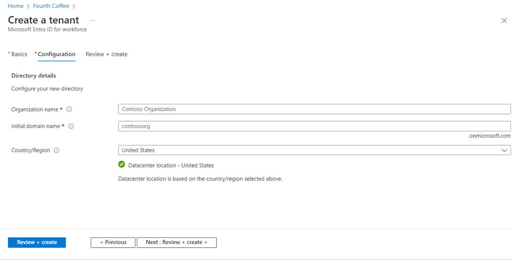 Screenshot della scheda Configurazione di Microsoft Entra ID - Crea un tenant.