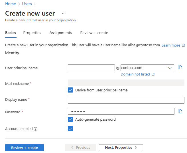 Screenshot della scheda Create new user Basics (Informazioni di base per la creazione di un nuovo utente).