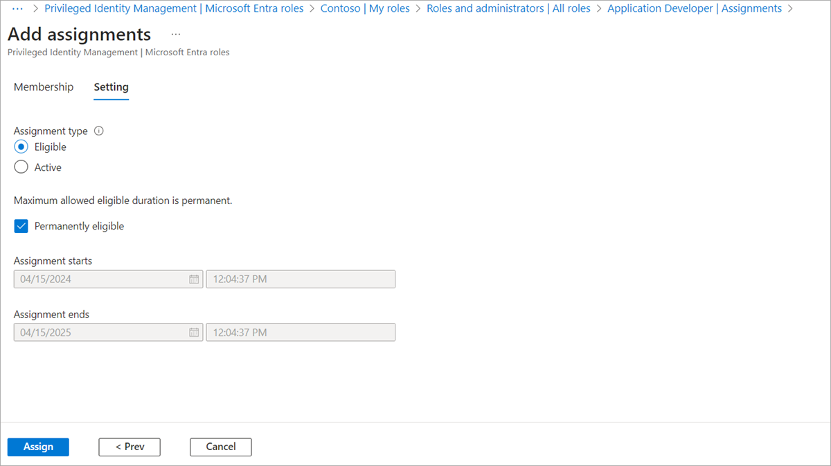Screenshot della pagina Aggiungi assegnazioni e della scheda Impostazione con PIM abilitato.