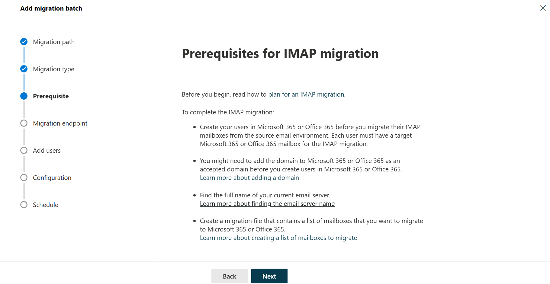 Screenshot del terzo passaggio della procedura guidata batch di migrazione che elenca i prerequisiti per una migrazione IMAP.