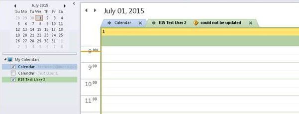 Screenshot che mostra che l'utente non può più visualizzare la cartella Calendario e riceve un errore.