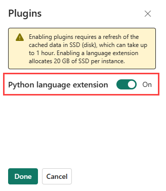 Screenshot of the plugins pane showing the Python language extension. The toggle button is highlighted.