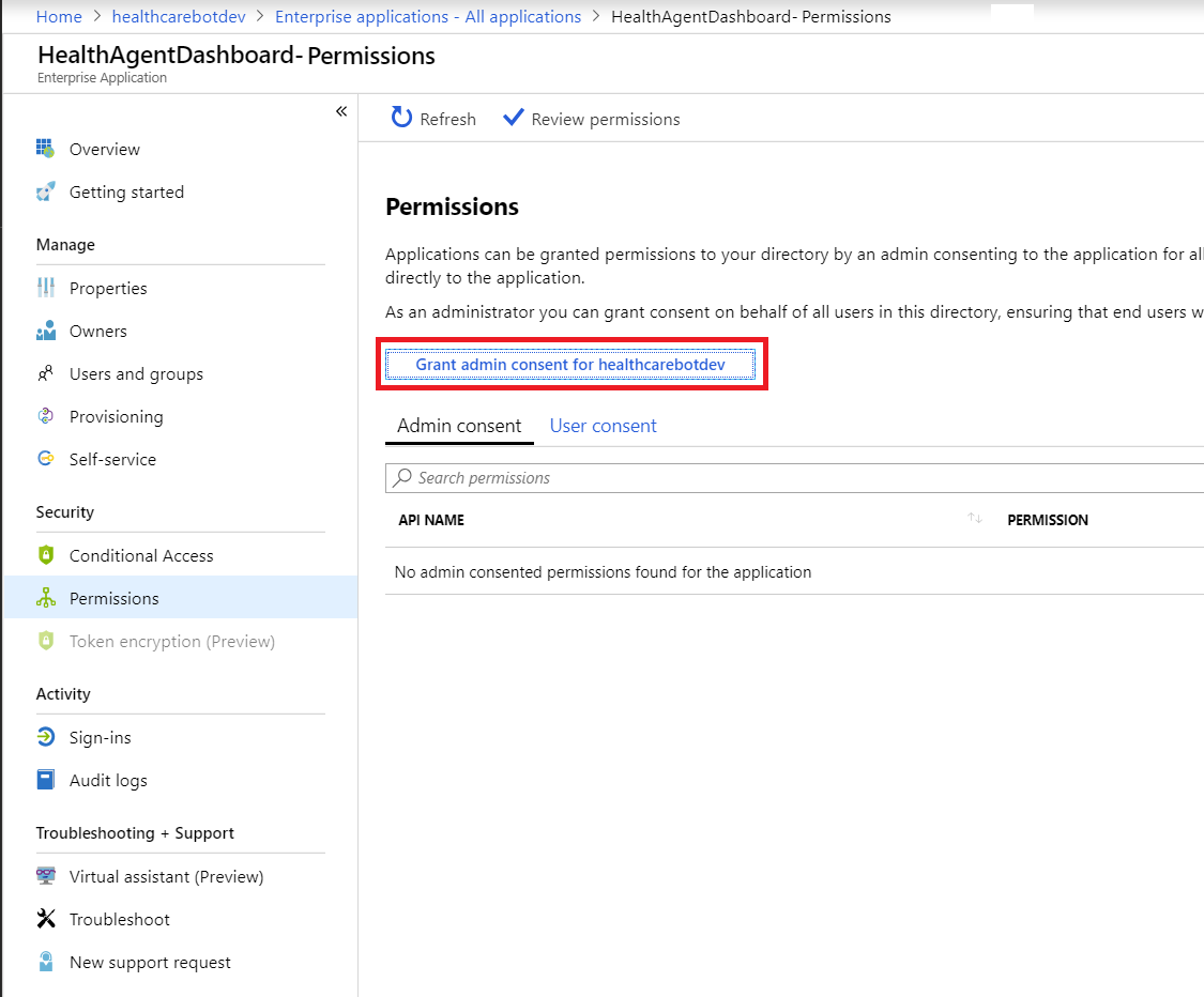 A screenshot of Enterprise Applications permissions in Azure