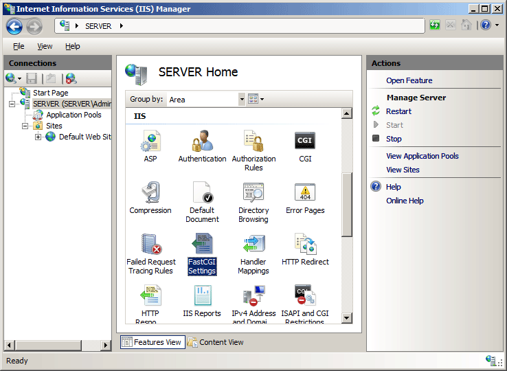 Screenshot della home page del server in I S Manager. L'icona THe per fast C G I Impostazioni è evidenziata.