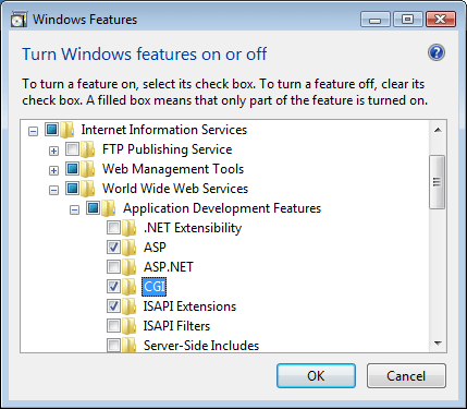 Screenshot della finestra di dialogo Funzionalità di Windows. C G I è evidenziato.