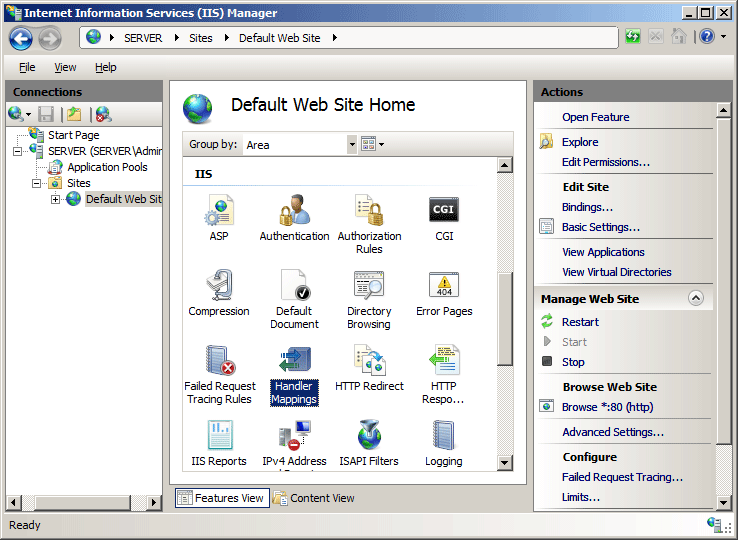 Screenshot della home page del sito Web predefinito. L'icona per Mapping del gestore è evidenziata.