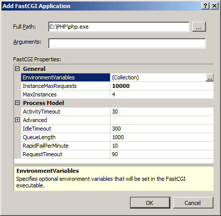 Screenshot della finestra di dialogo Aggiungi applicazione Fast C G I con le proprietà predefinite fast C G I.