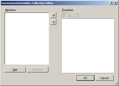 Screenshot di una finestra di dialogo editor raccolta variabili di ambiente vuota.