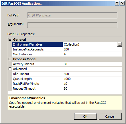 Screenshot della finestra di dialogo Edit Fast C G I Application con le opzioni specificate.