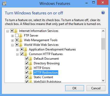 Screenshot della finestra di dialogo Funzionalità di Windows. Il reindirizzamento T T T P è evidenziato nel menu a discesa.