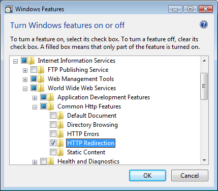 Screenshot della finestra di dialogo Funzionalità di Windows. Il reindirizzamento T T T P è evidenziato.