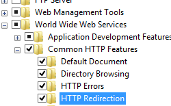 Screenshot dell'albero di spostamento di Internet Information Services. L'opzione World Wide Web Services è espansa. Le funzionalità comuni di H T T P sono espanse e viene selezionato il reindirizzamento T P.