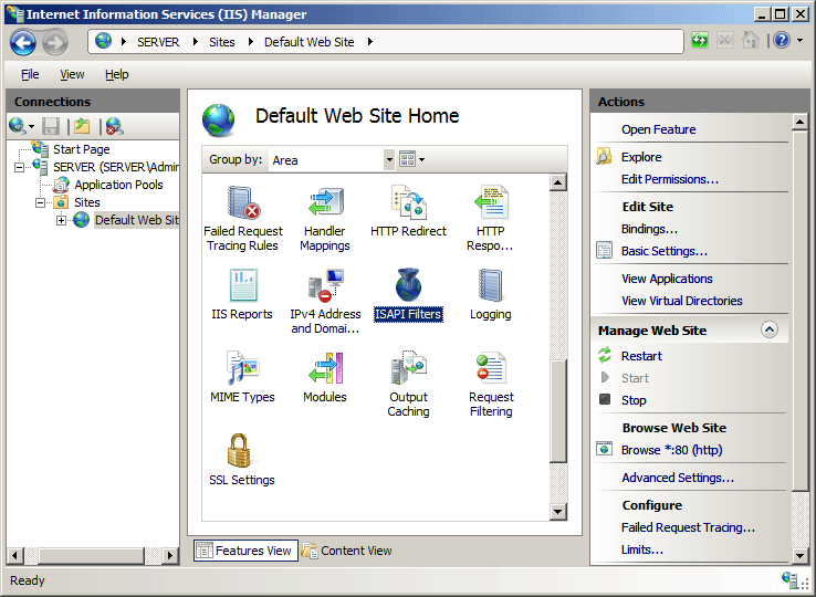 Screenshot di I Filtri I P selezionati nel riquadro Home del sito Web predefinito.