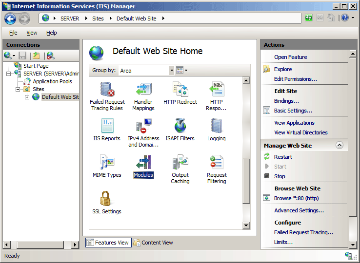Screenshot della home page del sito Web predefinito. L'icona per Moduli è evidenziata.