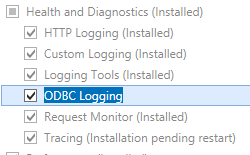 Screenshot che mostra le funzionalità di integrità e diagnostica per Windows Server 2012 o Windows Server 2012 R2 con registrazione O D B C selezionata.