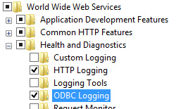 Screenshot che mostra le funzionalità di integrità e diagnostica per Windows 8 o Windows 8.1 con registrazione O D B C selezionata.