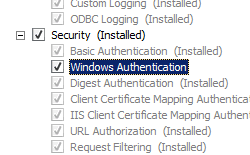 Screenshot della pagina Seleziona servizi ruolo. L'opzione Sicurezza viene espansa. L'opzione Autenticazione di Windows è selezionata e evidenziata.