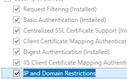 Screenshot che mostra l'opzione I P and Domain Restrictions selezionata per Windows Server 2012.