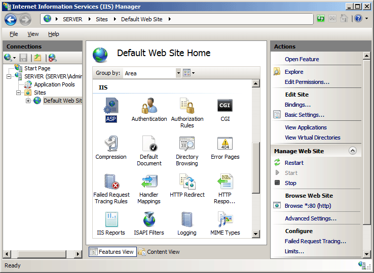 Screenshot che mostra il riquadro Home del sito Web predefinito. Viene selezionato un S P.