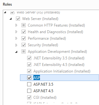 Screenshot di A S P selezionato in Sviluppo di applicazioni in un elenco di server Web espanso (I S).