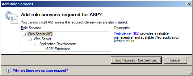 Screenshot della finestra di dialogo Aggiungi servizi ruolo con il pulsante Add Required Role Services evidenziato.