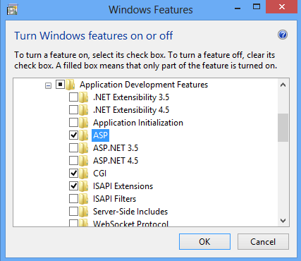 Screenshot della pagina Di attivazione o disattivazione delle funzionalità di Windows con il riquadro Funzionalità di sviluppo di applicazioni espanso e L'opzione A S P selezionata.