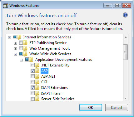 Screenshot della pagina Attiva o disattiva funzionalità di Windows che mostra il riquadro Funzionalità di sviluppo applicazioni espanso e A S P selezionato.