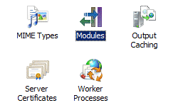 Screenshot di cinque icone intitolate Tipi MIME, Moduli, Memorizzazione nella cache di output, Certificati server e Processi di lavoro. L'icona denominata Moduli è evidenziata.