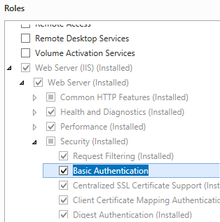 Screenshot dell'autenticazione di base selezionata in un'interfaccia di Windows Server 2012.