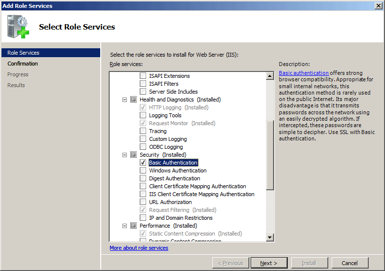 Screenshot dell'autenticazione di base selezionata in un'interfaccia di Windows Server 2008.