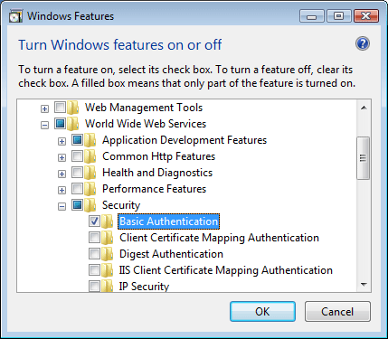 Screenshot dell'autenticazione di base selezionata in un'interfaccia windows Vista o Windows 7.
