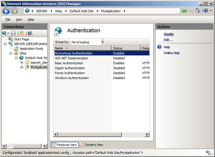 Screenshot dell'autenticazione anonima selezionata nel riquadro Autenticazione.